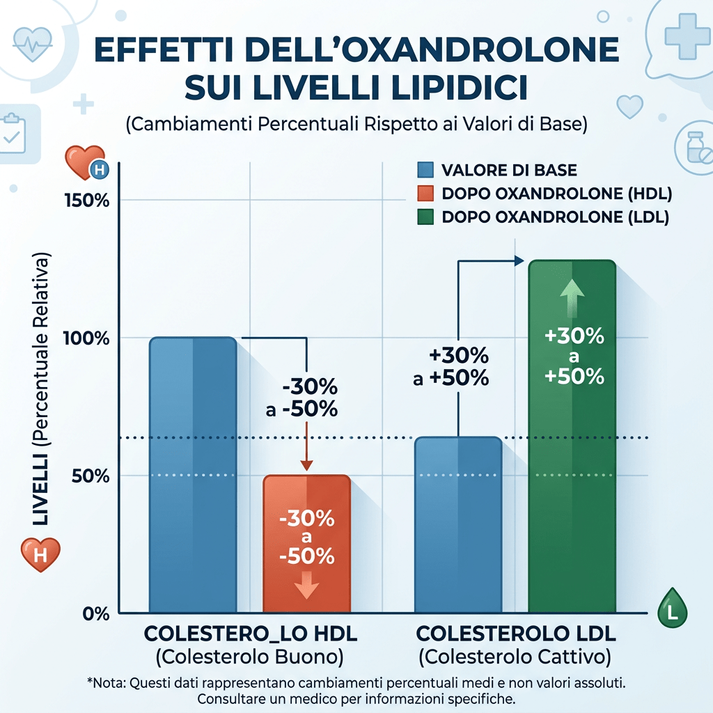 Grafico sugli effetti dell'oxandrolone sui livelli lipidici: HDL da 100% a -30%/-50% e LDL da 60% a +30%/+50%.