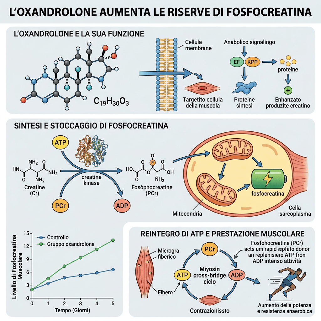 Infografica italiana su oxandrolone, fosfocreatina e prestazione muscolare