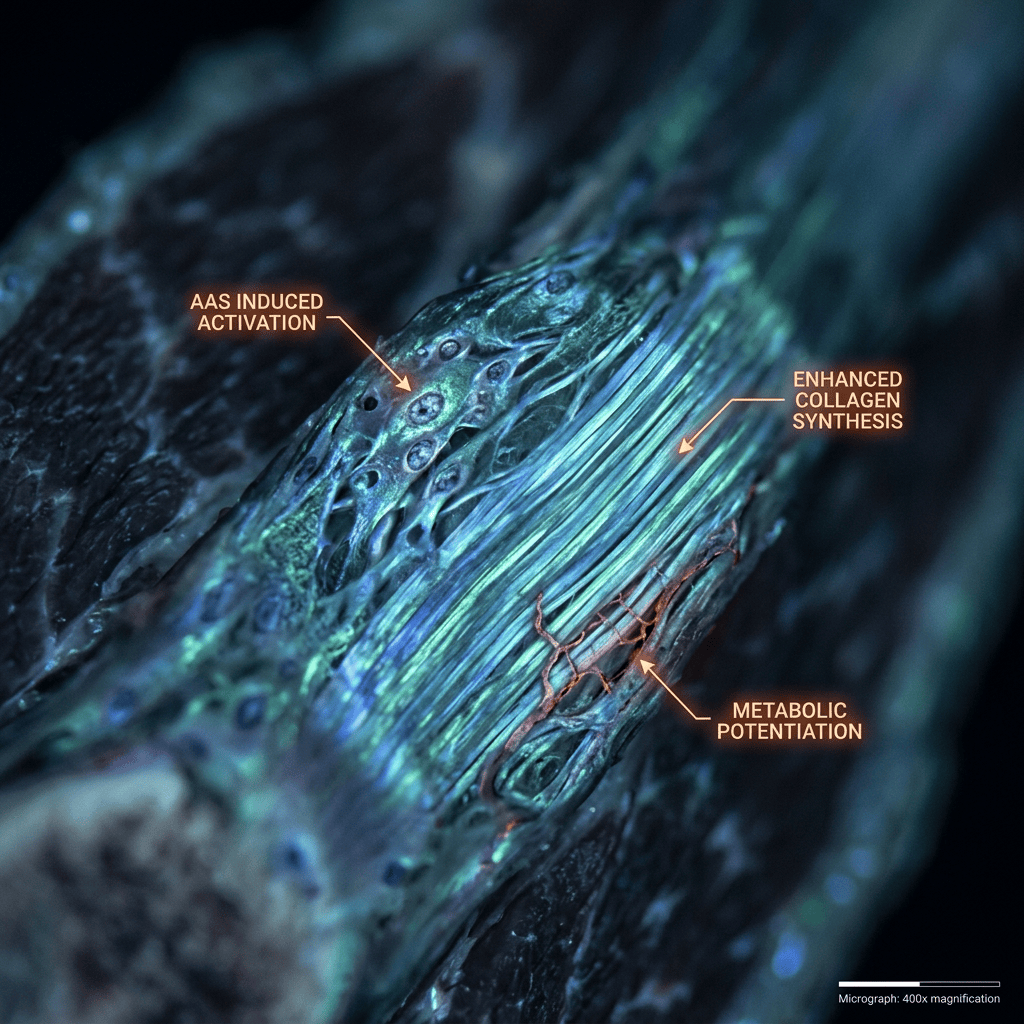 Micrograph: 400x magnification; AAS induced activation; enhanced collagen synthesis; metabolic potentiation