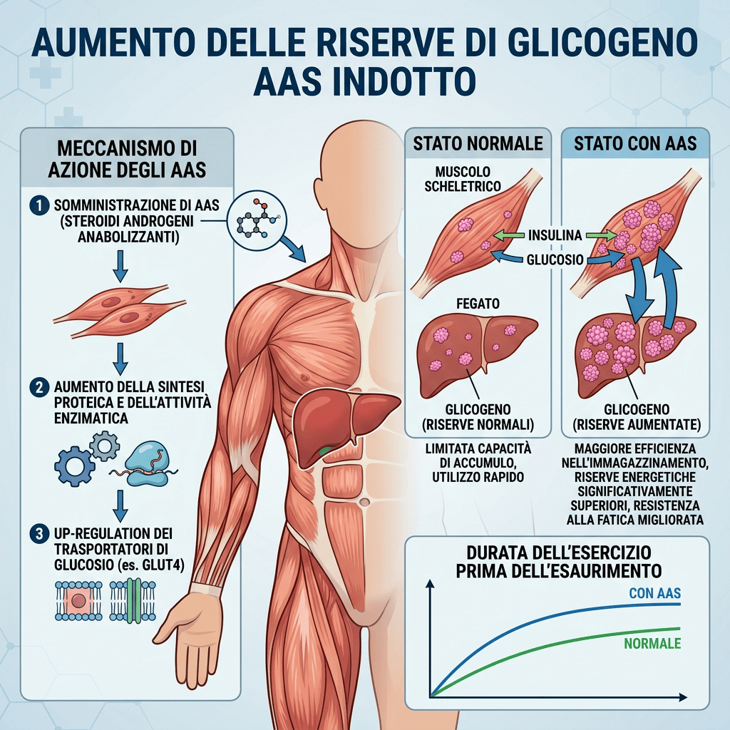 Infografica in italiano sull’aumento delle riserve di glicogeno con AAS indotto, confronto tra stato normale e stato con AAS.