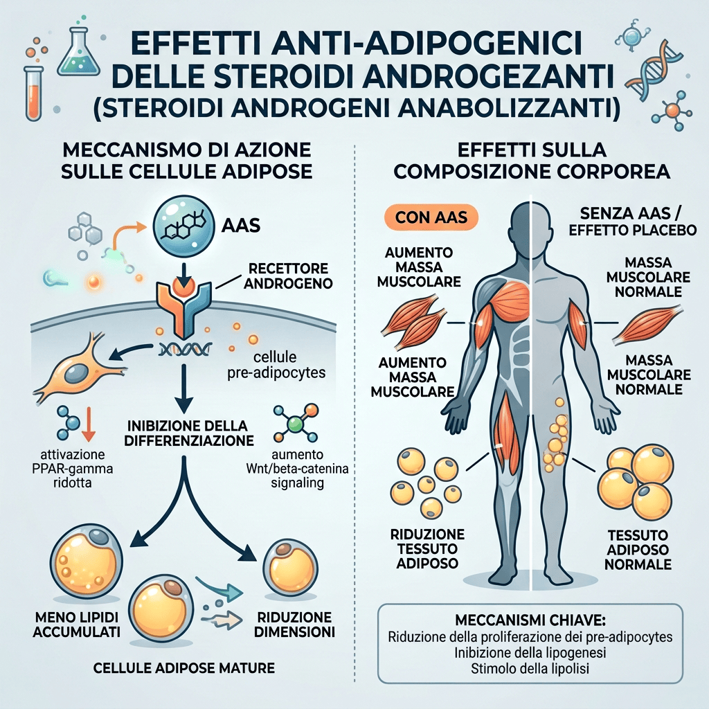 Infografica in italiano sugli effetti anti-adipogenici degli AAS, con meccanismi cellulari, aumento della massa muscolare e riduzione del tessuto adiposo.