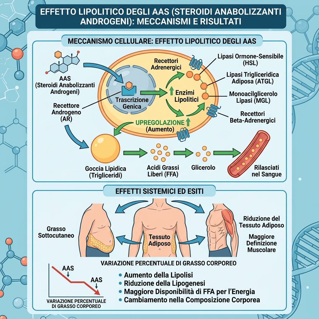 Infografica in italiano sull’effetto lipolitico degli AAS: i recettori androgeni attivano la trascrizione genica e aumentano gli enzimi lipolitici HSL, ATGL e MGL, liberando acidi grassi e glicerolo; sono indicati riduzione del tessuto adiposo, maggiore definizione muscolare e variazioni della composizione corporea.