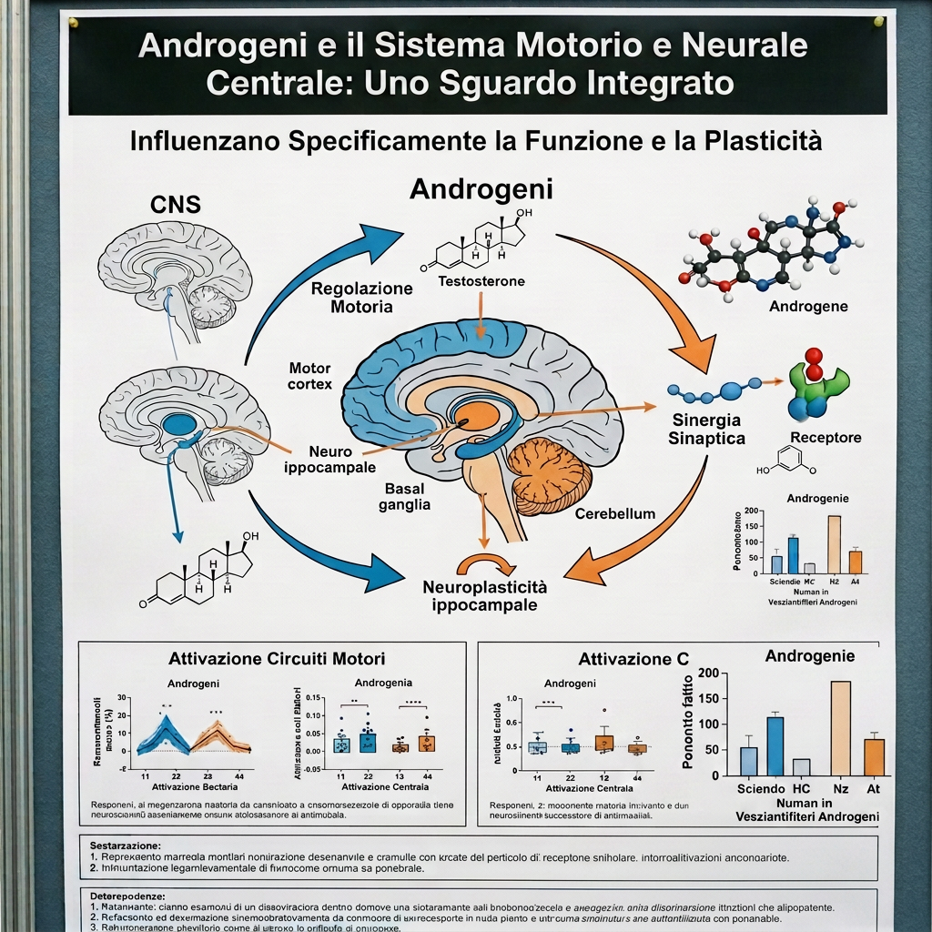 Researcher pointing to an Italian neuroscience poster about androgens and motor systems